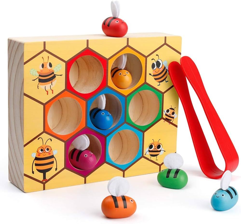 Toddler Fine Motor Skill Toy, Clamp Bee to Hive Matching Game, Montessori Wooden Color Sorting Pu... | Amazon (US)