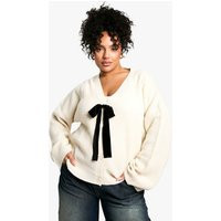 boohoo Women's Plus Bow Detail Cardigan in Cream | Size: 12 | Polyurethane | boohoo (US & Canada)