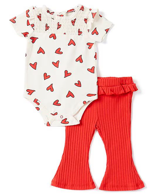 Baby Girls Newborn-9 Months Short Sleeve Valentine's Day Heart Printed Bodysuit & Solid Flare Leg... | Dillard's