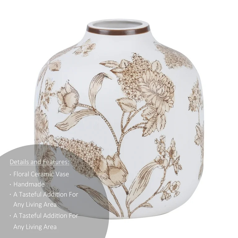 Home Decor Collection White Ceramic Brown Floral Painted Tabletop Vase | Walmart (US)