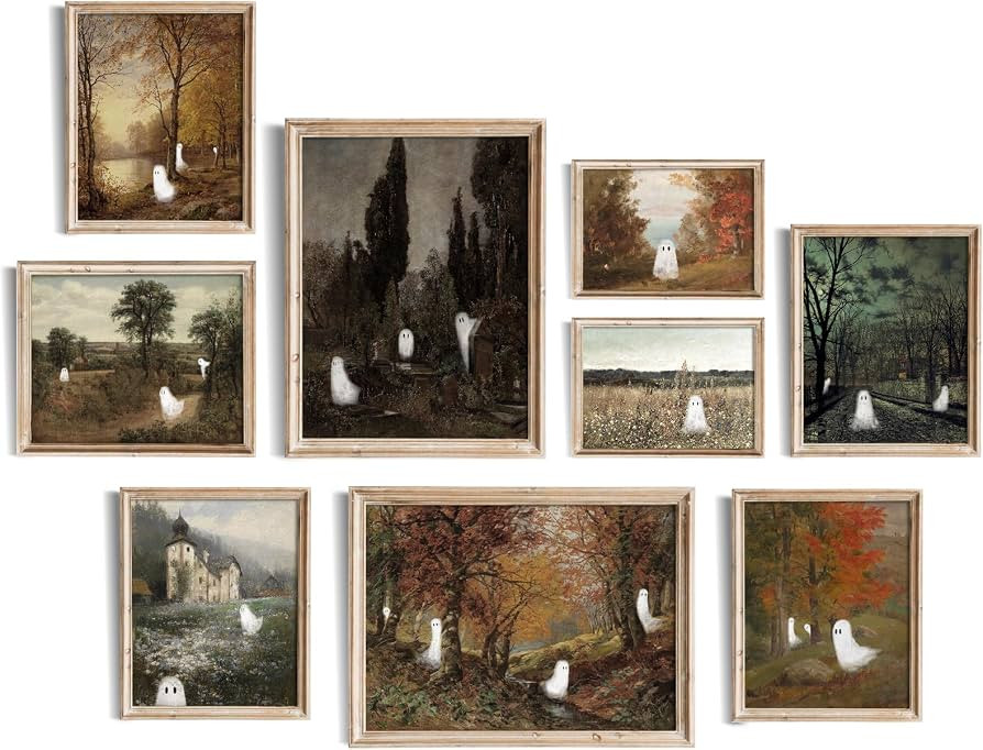 uniro Cute Ghost Decor Halloween Wall Art Prints, Vintage Ghost Pictures for Halloween Wall Decor, Spooky Autumn Landscape Canvas Oil Painting, Moody Gothic Home Decor Dark Academia Aesthetic Posters for Bedeoom, Gallery, Living Room, Bathroom (UNFRAMED) | Amazon (US)