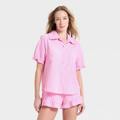 Women's Mommy & Me Ruffle Short Sleeve Notch Collar Shirt and Shorts Pajama Set - Auden™ Pink S | Target