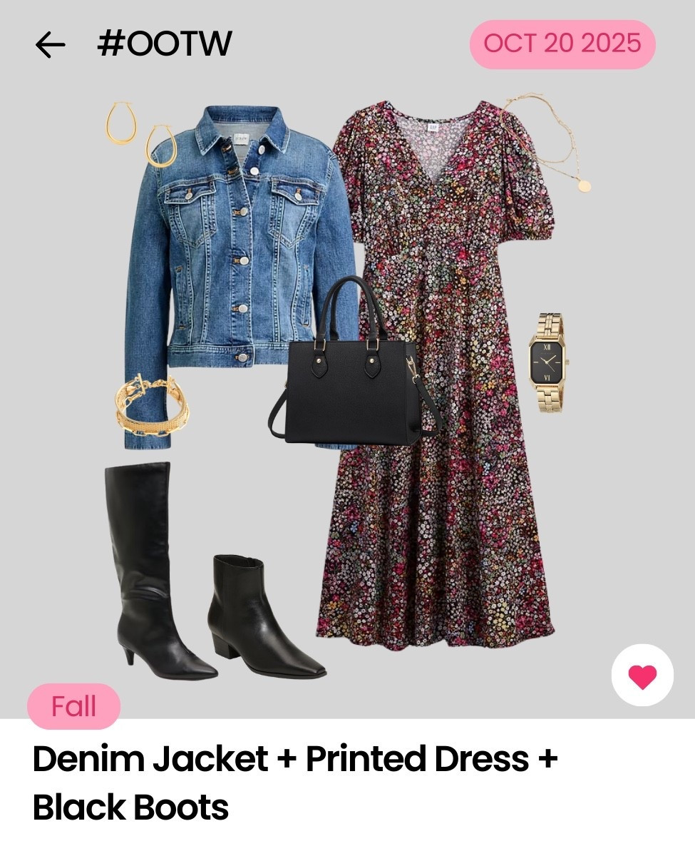 Because sometimes, the best outfit is the one you didn’t overthink. 😉 #OOTW

🚨 THE FORMULA:
Denim Jacket + 
Printed Dress + 
Black Boots 

Dress it up: Easily transition this formula by substituting the jacket with a navy or black blazer! 

Dress it down: Easily dress this formula down by swapping the boots with black flats, casual boots, or white sneakers. 

Check out all 31 outfits we've styled for October in our app 📲. 

#LTKStyleTip #LTKOver40 #LTKSeasonal