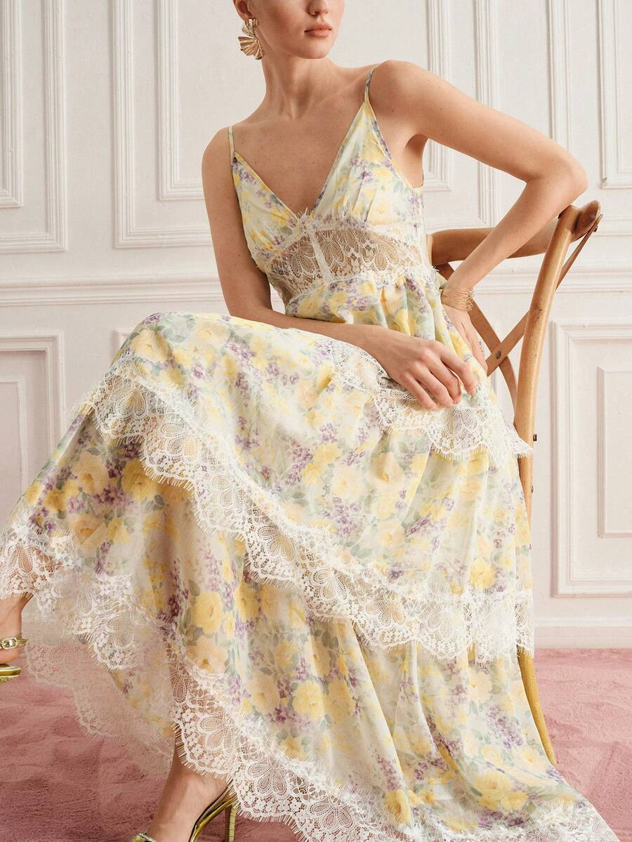 BELROSIE Summer Cream Color Block Floral Random Print Chiffon Cami Dress With Lace Trim Cut-Out S... | SHEIN