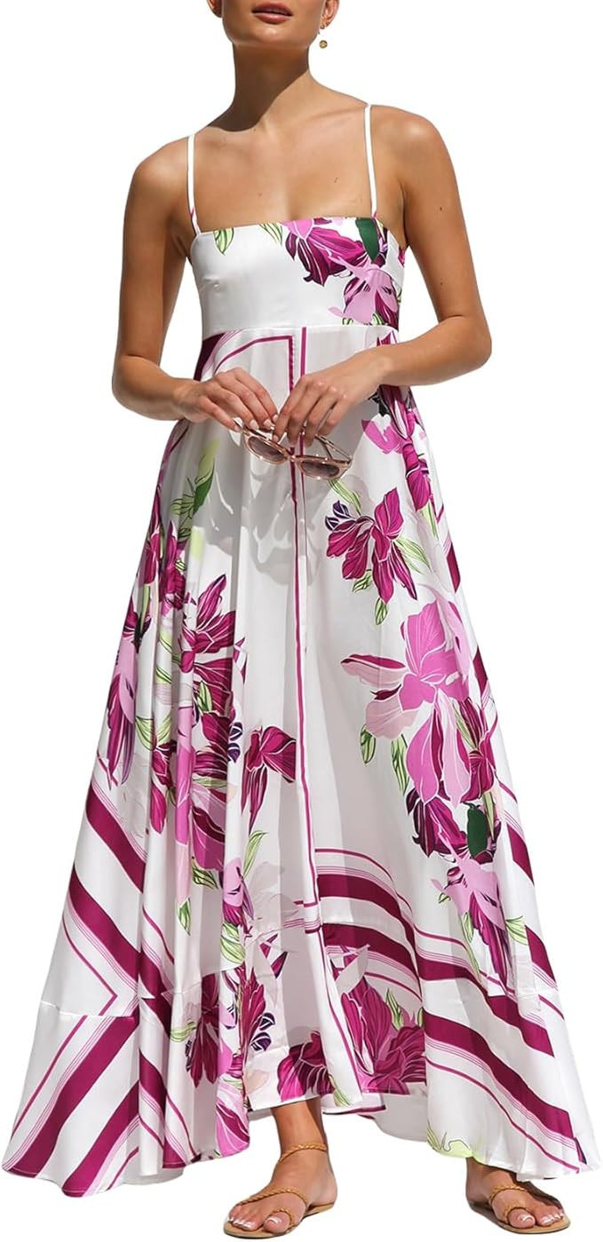 Women Graphic Maxi Cami Dress Spaghetti Strap Floral Boho Long Dress Flowy Summer Holiday Beach D... | Amazon (US)