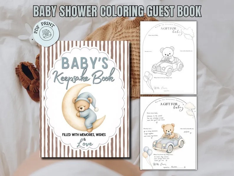 Teddy Bear Baby Shower Guest Coloring Book, Printable Keepsake Activity ( Digital Download)