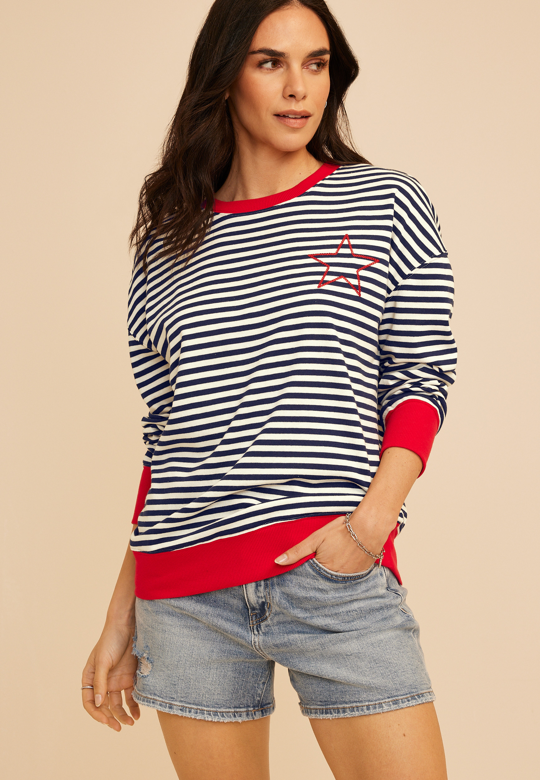 Maurices Women's Striped Americana Embroidered Star Sweatshirt | Maurices