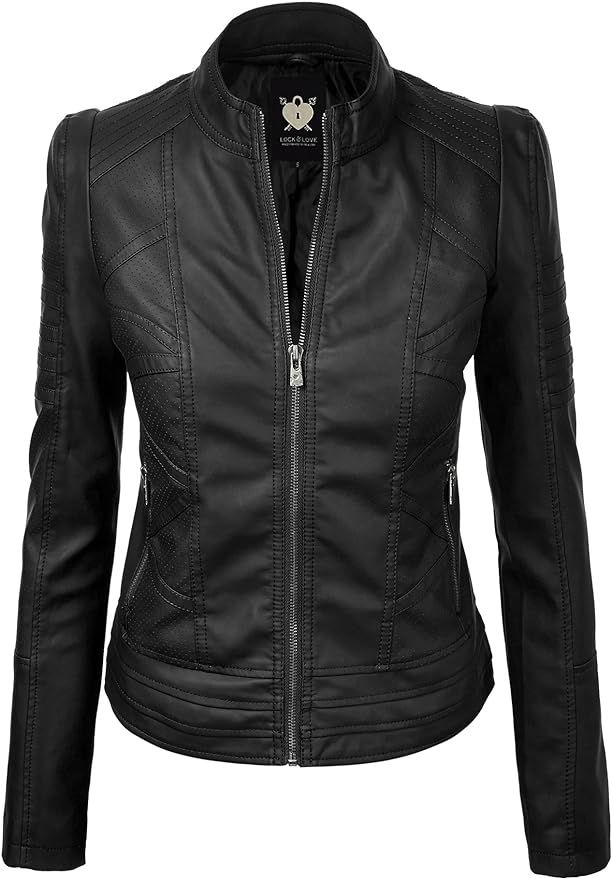 Lock and Love WJC746 Womens Vegan Leather Motorcycle Jacket M Black | Amazon (US)