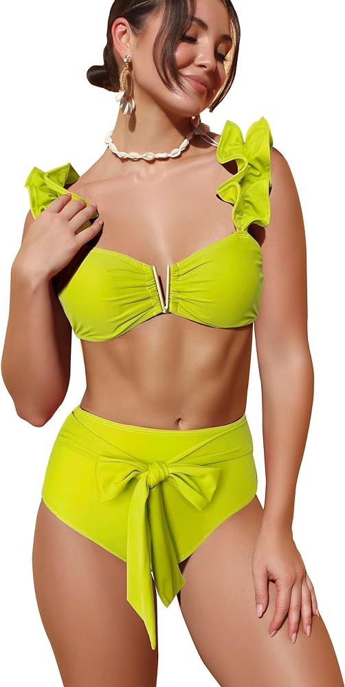 SPORLIKE Women High Waisted Swimsuit Flounce Straps Bikini Bathing Suit | Amazon (US)
