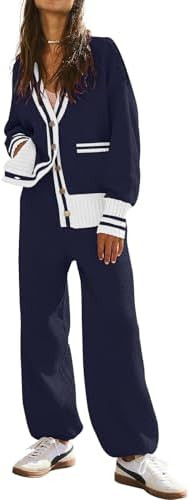 Women's 2 Piece Outfit Lounge Set Trendy Cardigan Sweater Pants Sets V Neck Button Pocket Knit Ma... | Amazon (US)