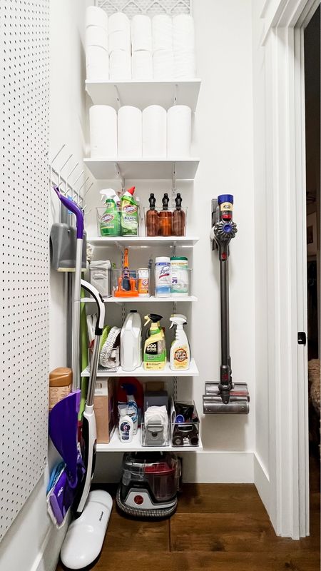 Cleaning supplies organization! Hall closet storage wall shelves adjustable wall rack and shelving organizing bins plastic containers

#LTKFind #LTKunder100 #LTKhome