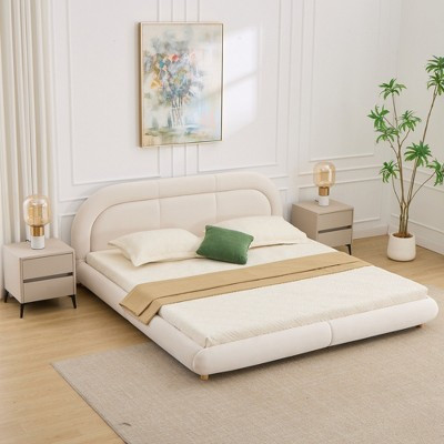 GDFStudio Sunny Modern Wood and Velvet Upholstered Low Profile Platform Bed with Rounded Headboard, Beige, King Size | Target