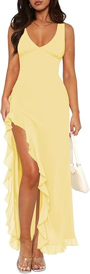 Women's Sexy V Neck Mesh Ruffles Hem High Slit Bodycon Maxi Dress for Women Formal Cocktail Weddi... | Amazon (US)