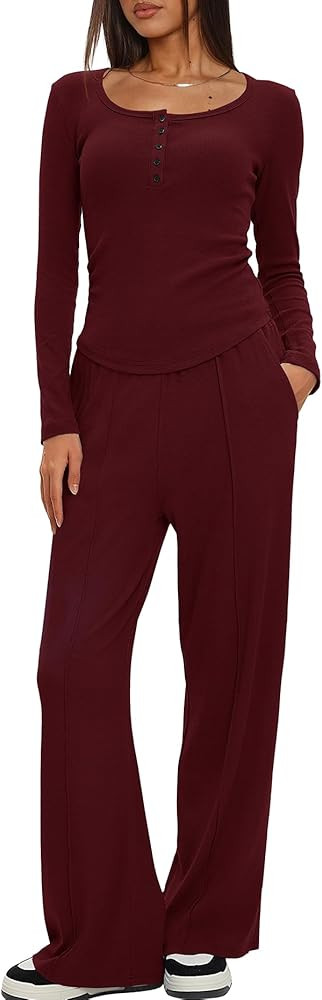 Darong Womens 2 Piece Matching Lounge Sets 2026 Long Sleeve Henley Shirts Wide Leg Pants Airport ... | Amazon (US)