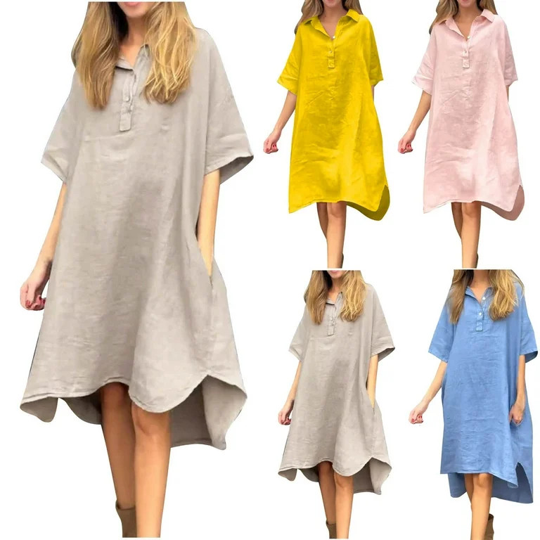lcziwo Women's Cotton Linen Dress Breathable Short Sleeve Maxi Dress Solid Color Summer Casual Dr... | Walmart (US)