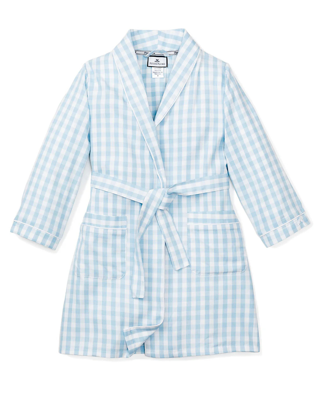 Kid's Twill Robe in Light Blue Gingham | Petite Plume