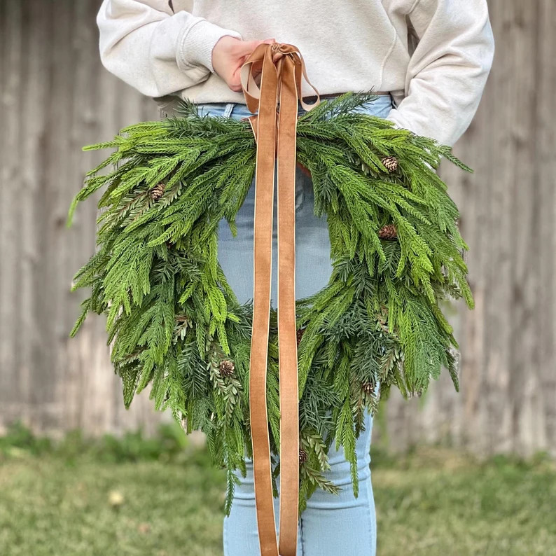 Norfolk Pine Christmas Wreath for Front Door with Velvet Ribbon | Neutral Evergreen Christmas Wre... | Etsy (US)