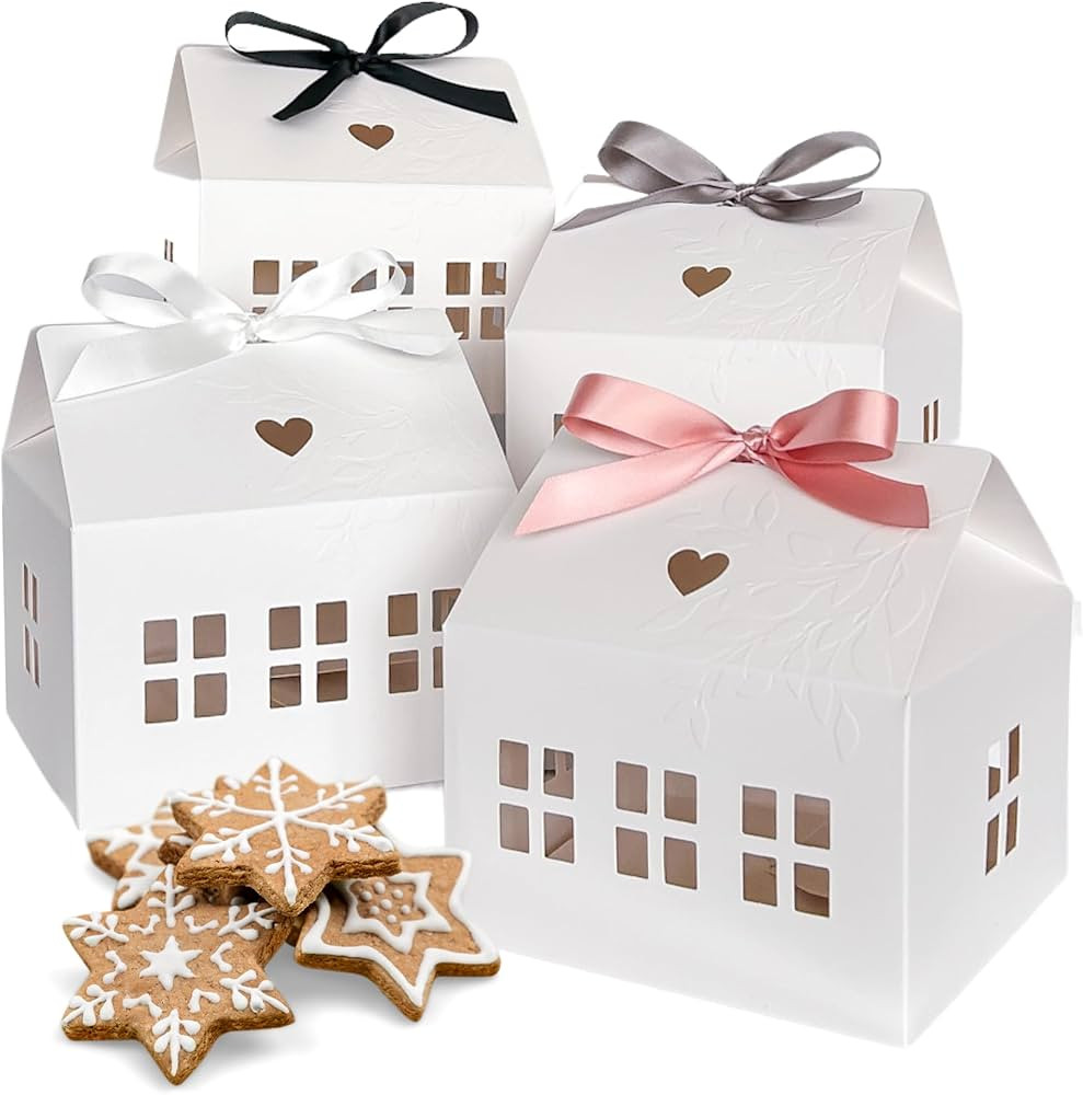 20 Pcs Classic House Shaped Gift Boxes with Neutral Ribbons for Treats, Desserts, Fancy Cookie, W... | Amazon (US)