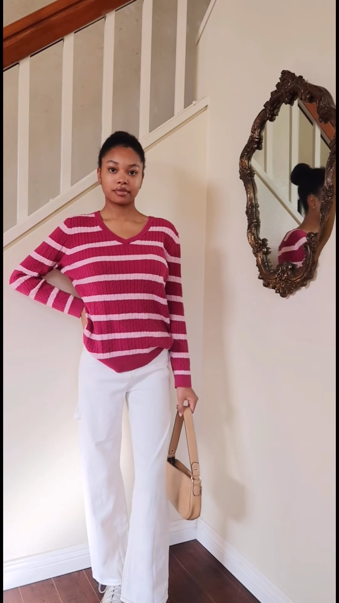 beige shoulder bag, snake skin bag, v neck sweater, white pants, white cargo pants, white converse, high top converse 

#LTKfindsunder100 #LTKstyletip #LTKVideo