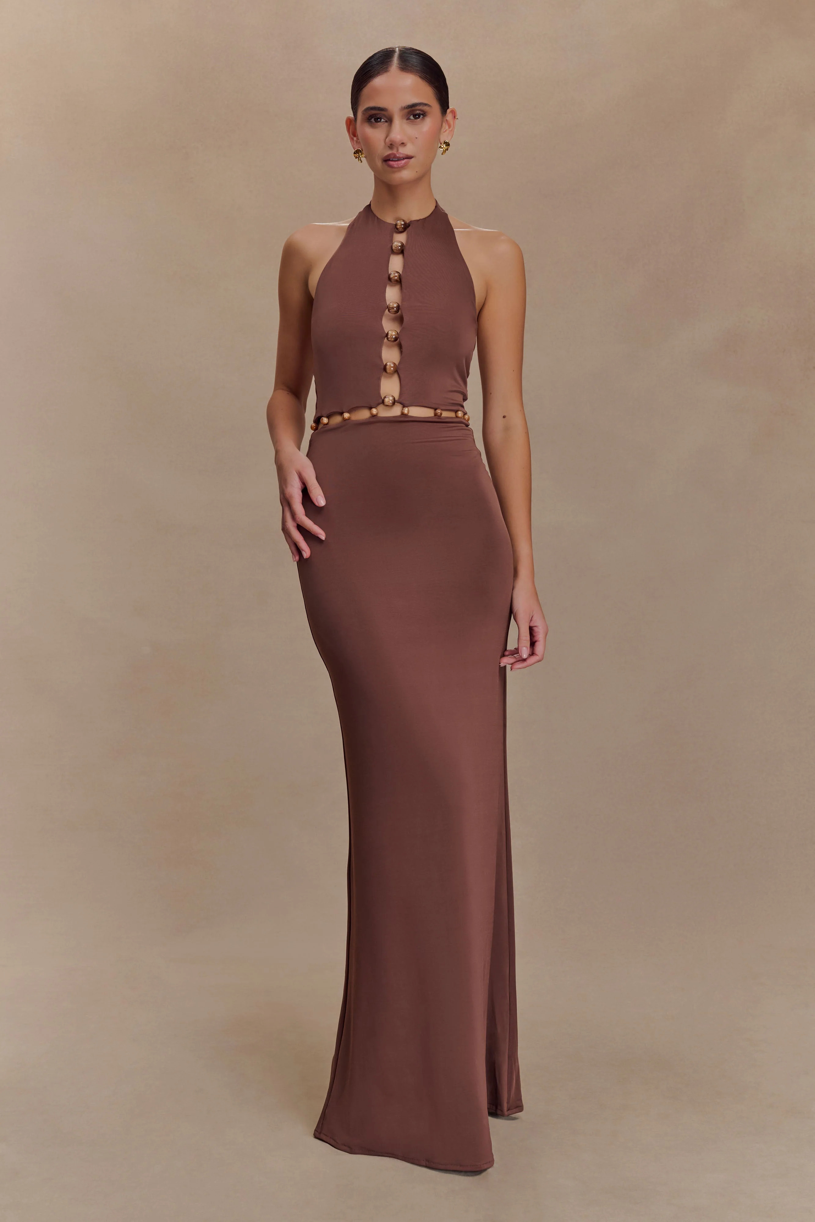 Albion Beaded Slinky Maxi Dress - Chocolate | MESHKI US
