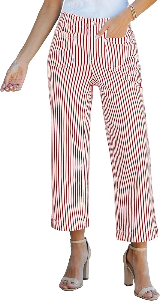 luvamia Striped Jeans for Women Trendy High Waisted Cropped Wide Leg Pants Stretchy Denim Patch P... | Amazon (US)