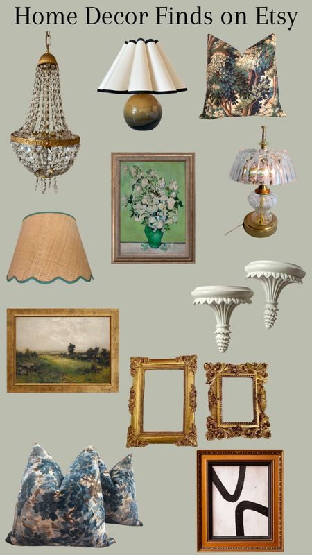 New & vintage home decor from Etsy. Wall sconce, wall shelf, scallop lampshade, tiny lamp, French crustal chandelier, framed vintage art, ornate gold frame, glass lamp, tapestry pillow cover 

#LTKhome