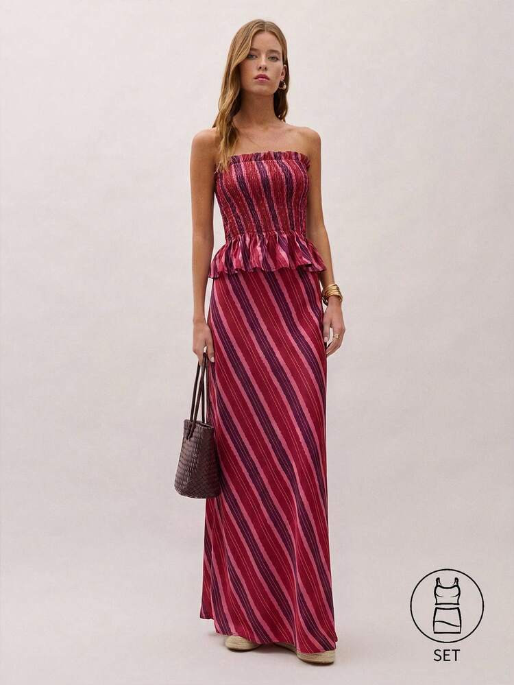 N\u00f6ista Off Shoulder Strapless Striped Set Featuring A Smocked Bodice Top With Peplum Detail,... | SHEIN