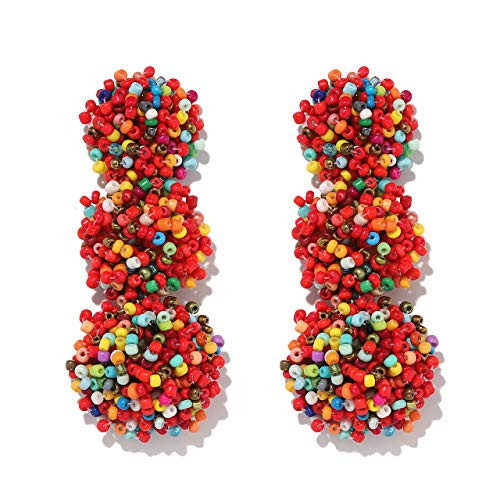 Statement Beaded Earrings Bohemian Handmade Layered Drop Dangle Earring Long Triple Acrylic Seed Bead Stud Earring for Women (rainbow) | Amazon (US)