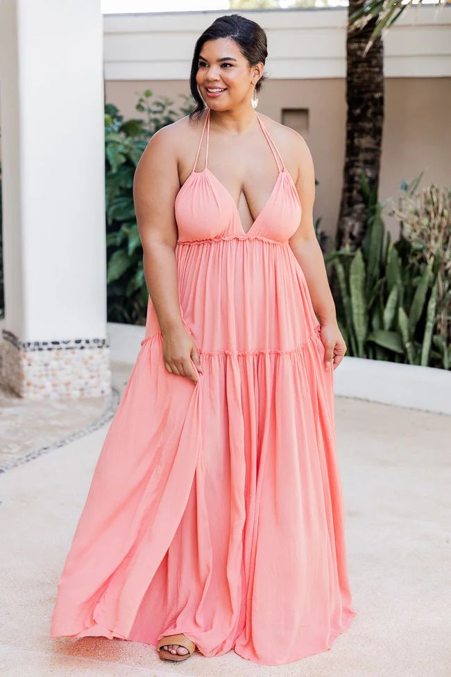 Daybreak Skyline Coral Halter Maxi Dress | The Pink Lily Boutique