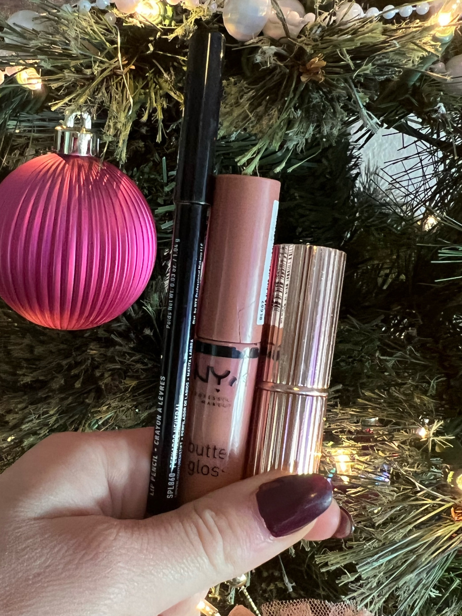 NYX pencil: Peekaboo Neutral
charlotte tilbury pillow talk lip stick 
NYX butter gloss color: tiramisu


#LTKbeauty #LTKunder50 #LTKHoliday