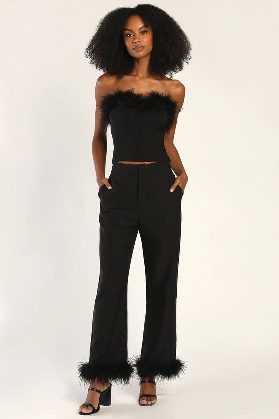 Flair for the Fabulous Black Feather Straight Leg Pants | Lulus (US)