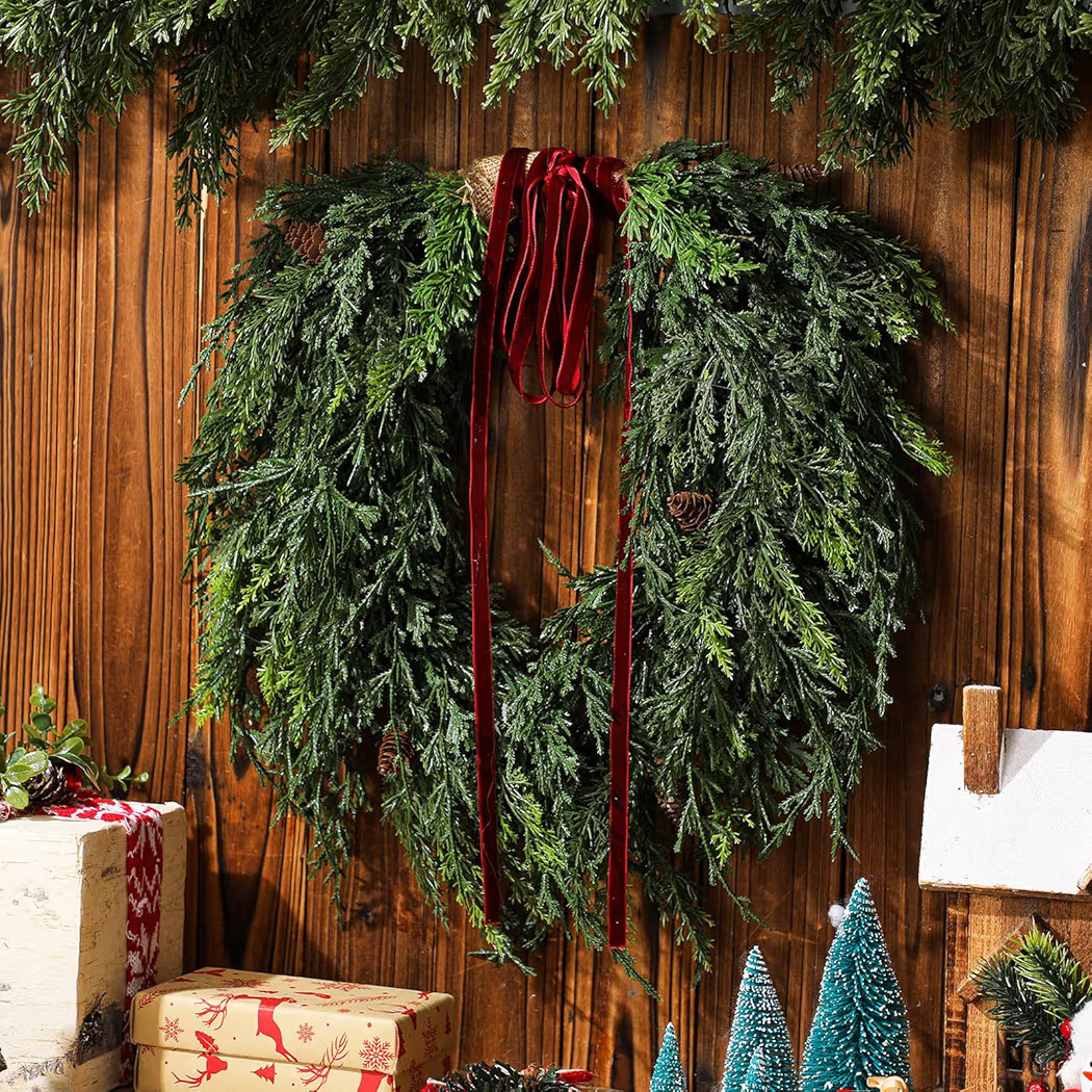 Dingion Small Norfolk Pine Christmas Wreath 11.8 in Christmas Kitchen Cabinet Norfolk Pine Wreath Mini for Front Door Artificial Farmhouse Rustic Xmas Decor for Window Fireplace | Amazon (US)