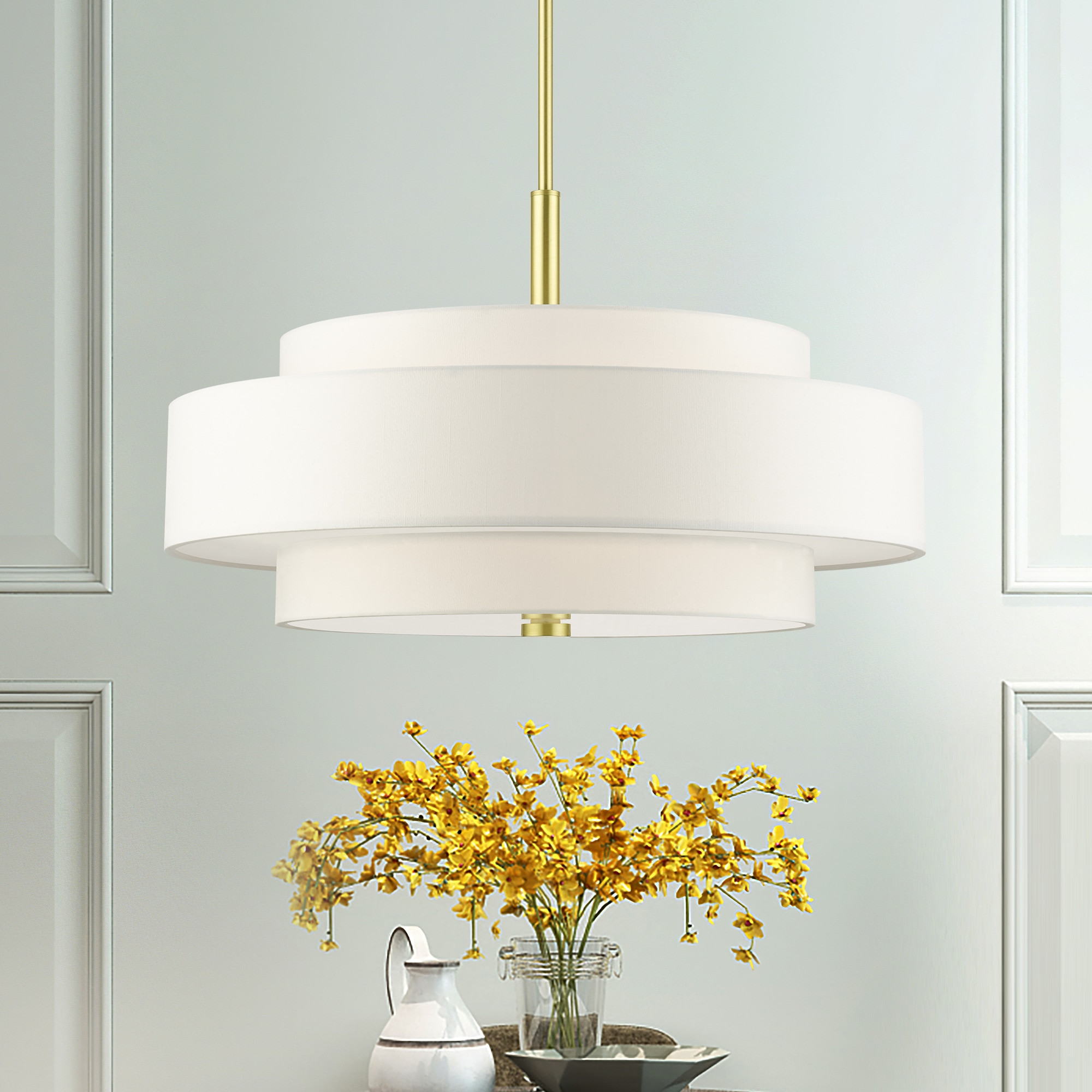 Livex Lighting Meridian 5 -Light Satin Brass Mid-century Drum Large Hanging Pendant light | 50875-12 | Lowe's