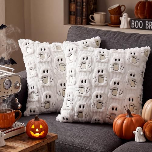 Moucuny 2 Pcs Halloween Decorations Pillow Covers 18x18 Embroidery Tufted Cute Ghost Throw Pillow Covers Halloween Embroidery Home Decoration Cotton White Pillowcases Decor for Couch Sofa Bed Bedroom | Amazon (US)
