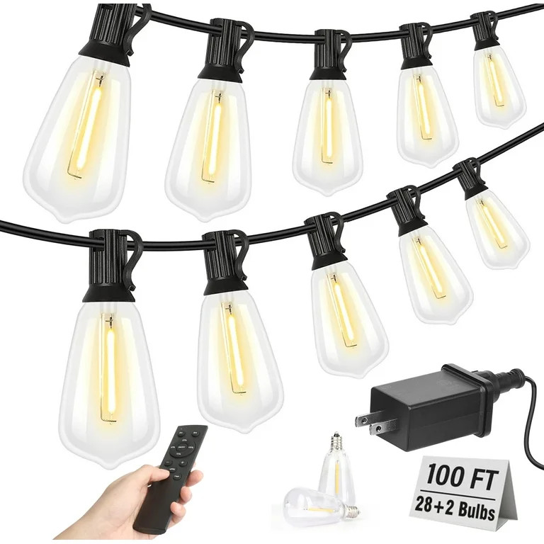 Outdoor String Led Patio Lights, 100Ft Waterproof Light 28 Bulbs+2 Spares with Remote Dimmable ST... | Walmart (US)