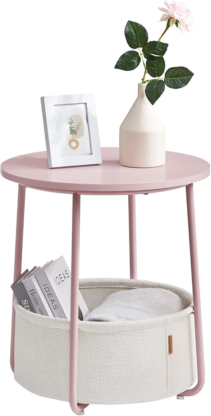 VASAGLE Small Round Side End Table, Modern Nightstand with Fabric Basket, Jelly Pink, Classic Whi... | Amazon (US)
