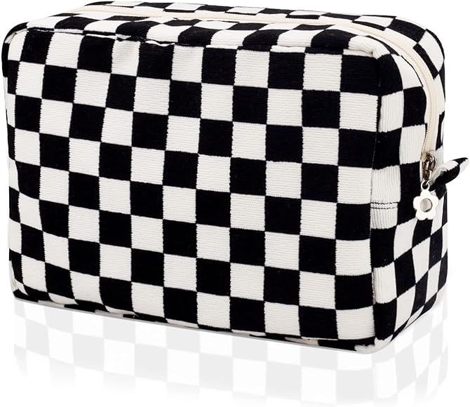 Makeup Bag for women Large Black Checkered Makeup Bag Cosmetic Bags for Women Aesthetic Stuff Tra... | Amazon (US)