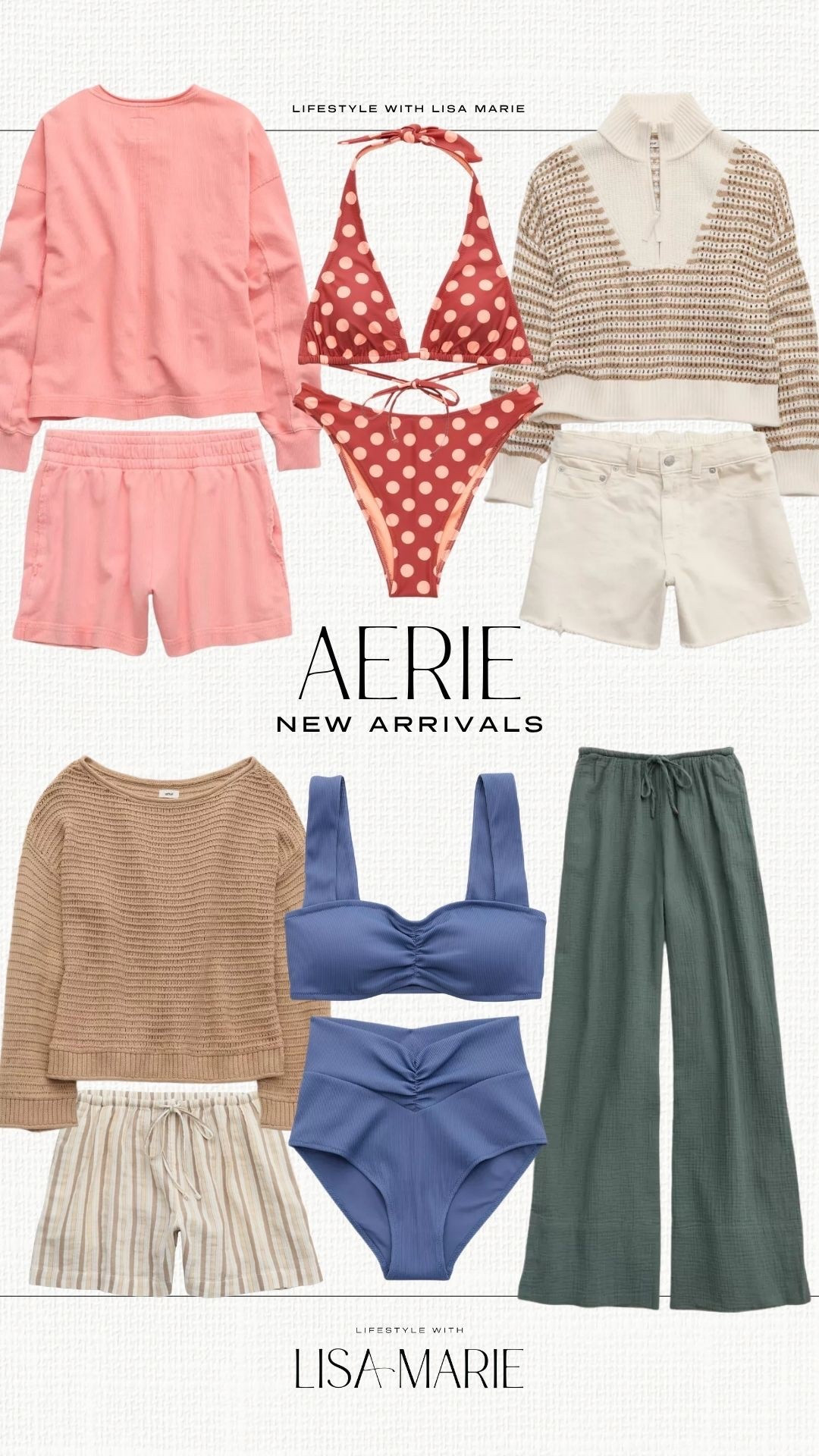 New arrivals from Aerie for spring and summer! Matching sets. Linen sets. Spring outfits. Bathing suits. Polka dot bikini. Vacation outfits. Swimwear. Casual summer. Linen pants. Open knit sweaters. Beach day outfit. 

#LTKSwim #LTKTravel #LTKootd