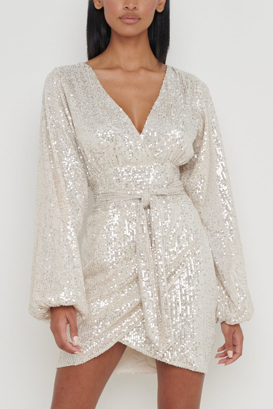 Tori Balloon Sleeve Sequin Dress - Silver | Pretty Lavish (UK)