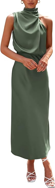PRETTYGARDEN Women's 2025 Summer Satin Dress Elegant Sleeveless Mock Neck Cocktail Party Maxi Dre... | Amazon (US)