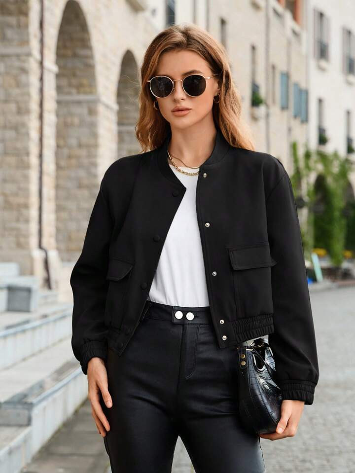 SHEIN Essnce Flap Pocket Button Front Bomber Jacket | SHEIN