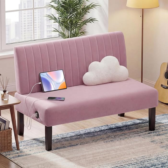 Mini Small Comfy Couch Armless Loveseat Sofa for Bedroom with USB Port, Velvet Couches for Small ... | Amazon (US)