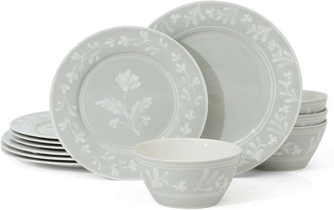 Martha Stewart Maiden Crown 12-Piece Sage Green Dinnerware Set – New Bone China Ceramic Plates ... | Amazon (US)