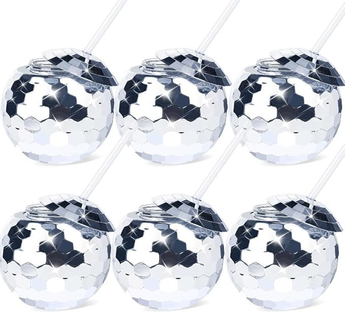Disco Ball Cups with Lid and Straw, Silver Disco Party Cups 1970s Disco Ball Drinking Cup Disco T... | Amazon (US)