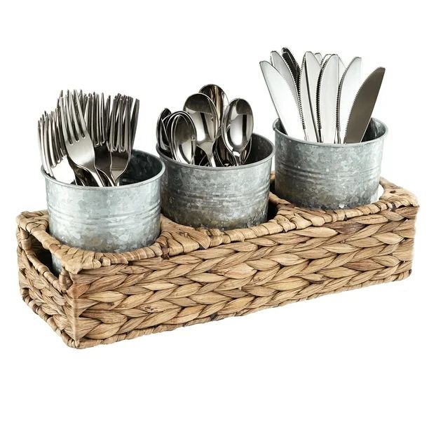 Garden Terrace Flatware Caddy Seagrass Caddy With 3 Galvanized Jars For Flatware, Napkins, Condim... | Walmart (US)