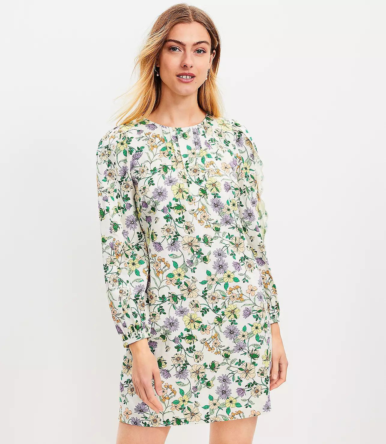 Tall Floral Linen Blend Long Sleeve Shift Dress | LOFT