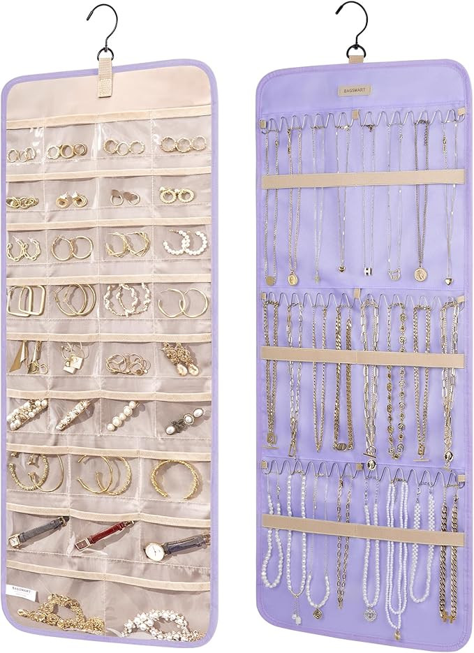 BAGSMART Hanging Jewelry Organizer Storage Roll with Hanger Metal Hooks Double-Sided Jewelry Hold... | Amazon (US)