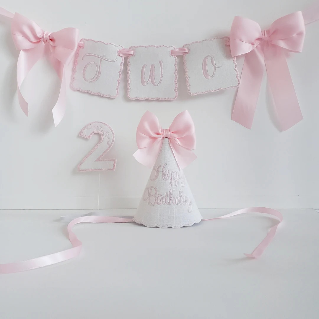 Happy Birthday Hat and One Garland Set/ 1st Birthday Hat/white Pink Embroidery Party Hat and Bann... | Etsy (US)