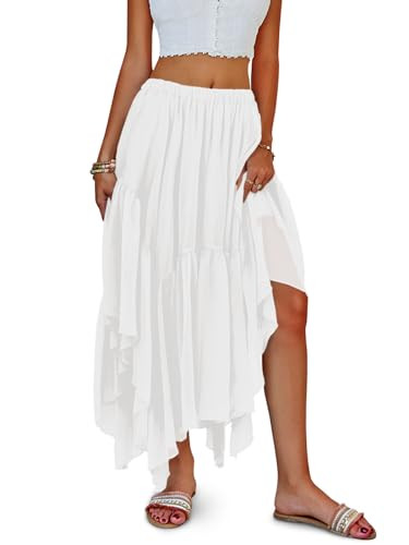 Fisoew Womens Summer Boho Maxi Skirt Casual Asymmetric High-Low Hem Flowy Bohemia Long Skirt White | Amazon (US)