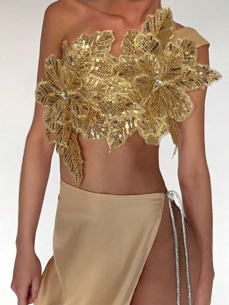 3D Flower Sequin One Shoulder Top For Women Y2K Sequin Flower Tie-Up Backless Sleeveless Crop Tub... | SHEIN